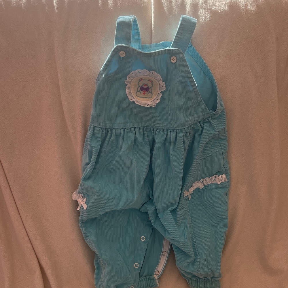 Buster Brown Teal Corduory Overalls with Bear Patch and lace trim
